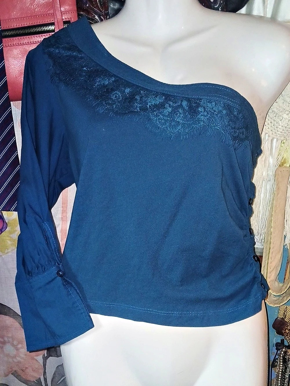 Anthropologie Teal Asymmetrical One Sleeve Top Size Medium